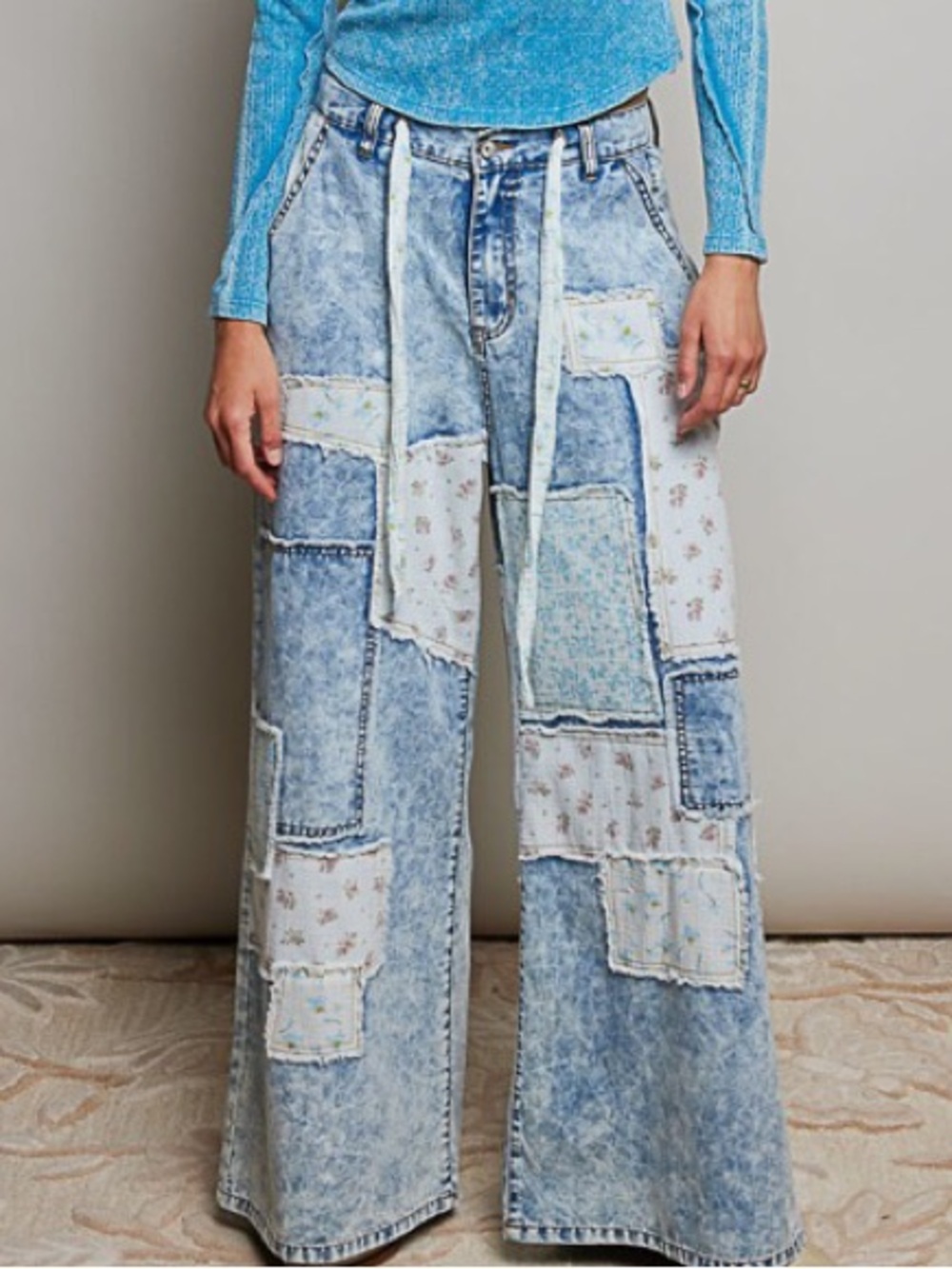 POL NWT Pants Denim Patched Drawstring Waist Wide Leg Small - Large